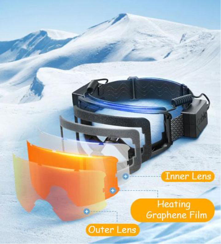 Graphene Film Battery Operated Anti-Fog Ski Goggles